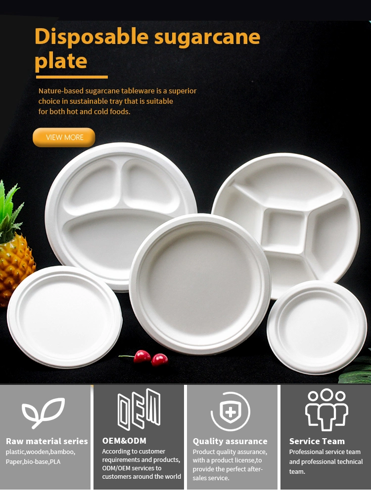 Customized Biodegradable Eco-Friendly Compostable Microwavable Waterproof Round Square Oval 7/8/9/10/12/16 Inch 100% Bagasse Plate for Dinner/Cake/Fruit/Lunch